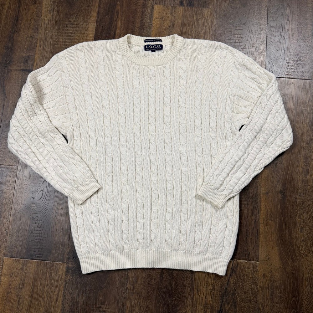 L.O.G.G. Men's Large Cream Cable Knit 100% Cotton Crewneck Sweater Preppy